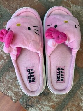 Hello Kitty Pink Plush Slide Slippers with Dark Pink Bow